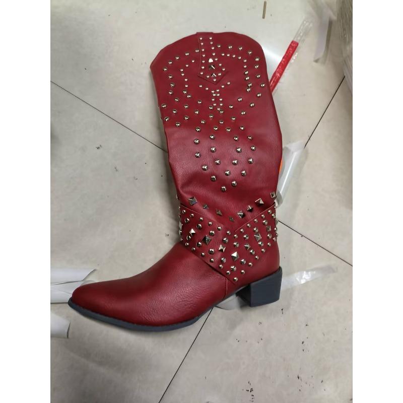 

ebay autumn and winter women s rivet boots thick heel medium heel rivet tall women s boots large size knight boots 35 customized, non-returnable червоний