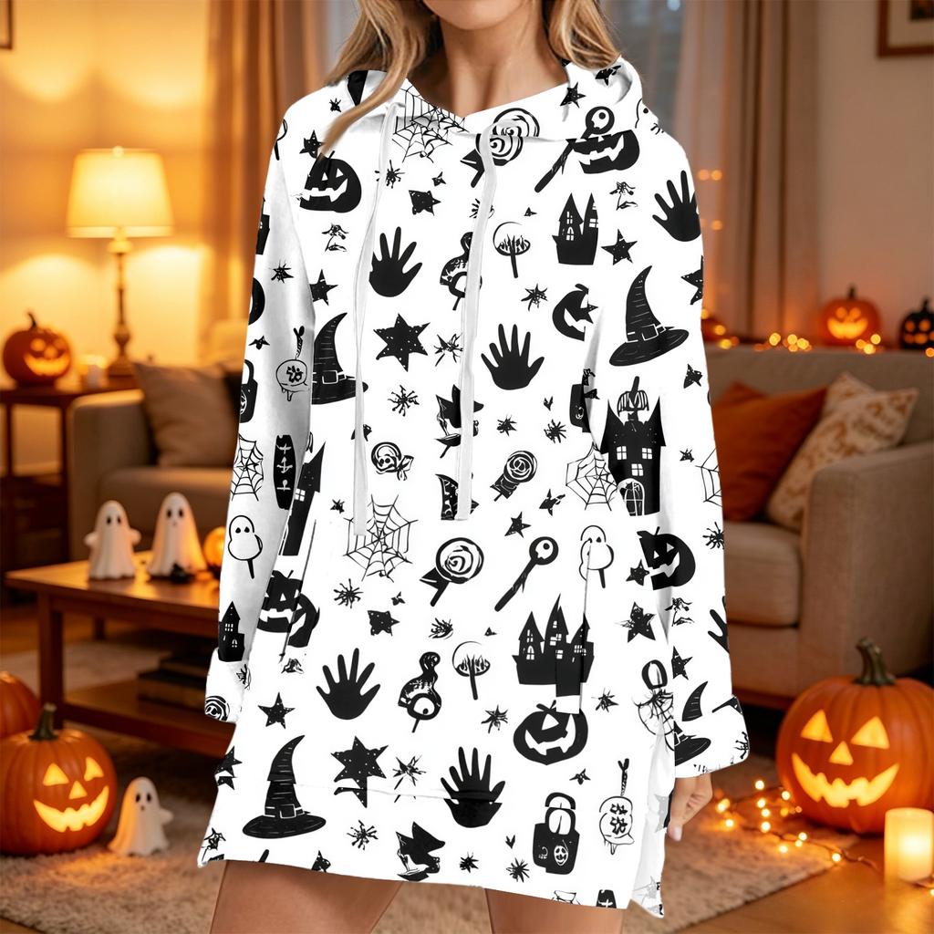 Women's Casual Long Sleeve Halloween Print Hoodie Pullover Top for Fall Festive Wear