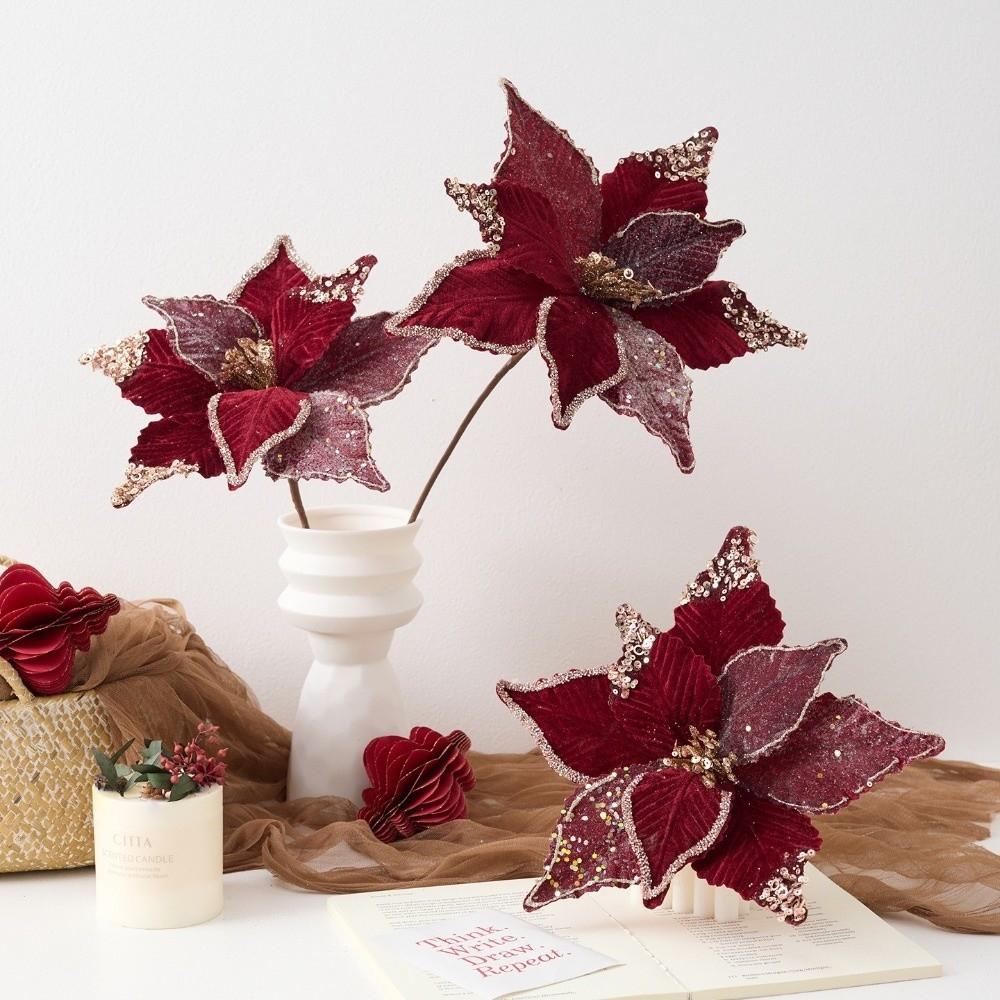 26CM Wine Red Artificial Poinsettia Flower Sequins Sparkling Simulation Flowers Glitter Christmas Glitter Flower