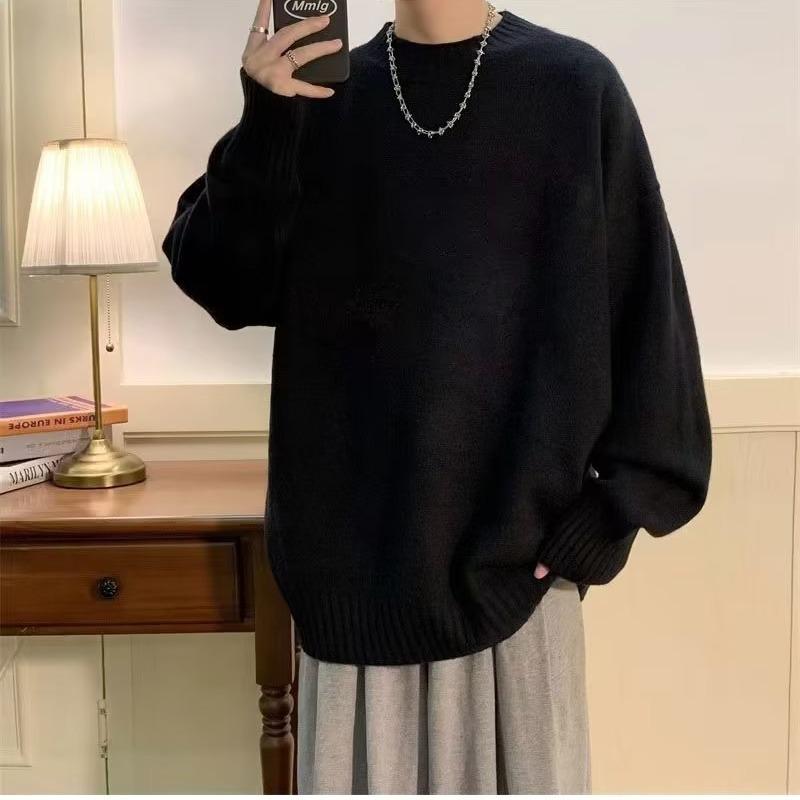 2026 Autumn/Winter Men's Casual Knit Sweater - Hong Kong Lazy Style, Youthful Pure Color Round Neck