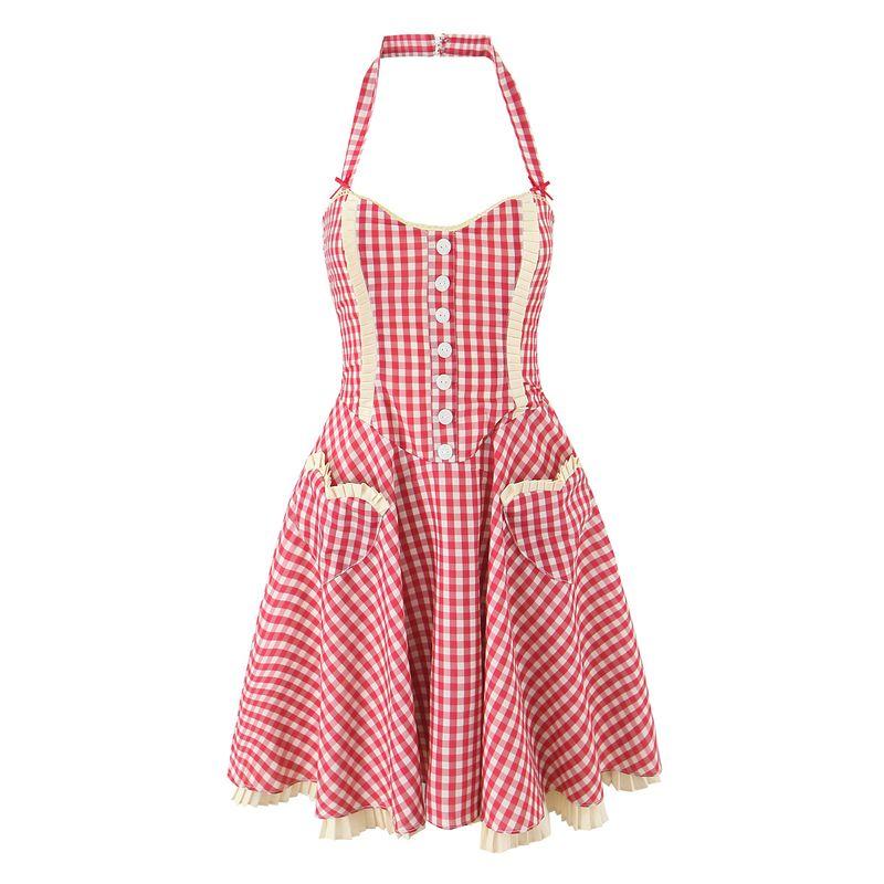 

Summer Sweetheart House Same Style French style Sweet Red Plaid Lace Edge Love Pocket Hanging Neck Sling Dress Red Heart Pocket L