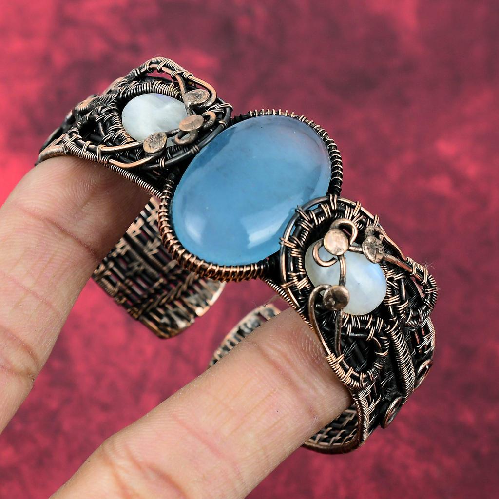 Aquamarine Bangle Copper Wire Wrapped Cuff Bracelet Handmade Adjustable Bangle Rainbow Moonstone Gemstone Cuff Copper Jewelry Gifts For Him