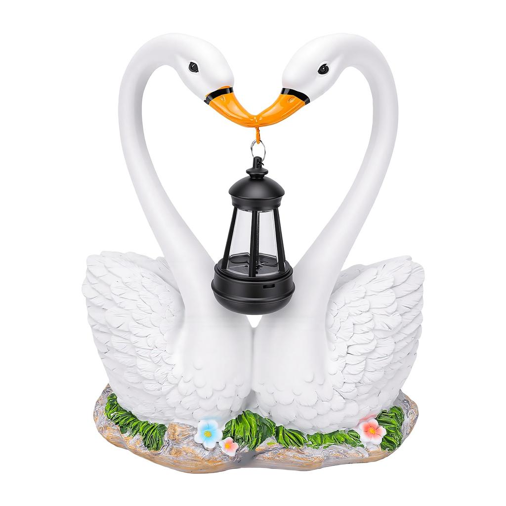 Solar Swan Garden Statue with Hanging Lantern Light Romantic Swan Couple Outdoor Solar Light Resin Water Proof Yard