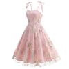 Damen Weiß Vintage Hepburn Stil Bestickt Spaghettiträger Maxikleid Schnürung Krawatte Taille A-Linie Elegant Abend Cocktailparty Kleid