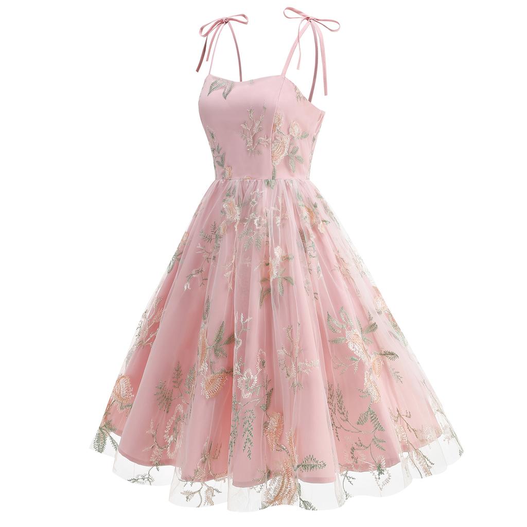 Damen Weiß Vintage Hepburn Stil Bestickt Spaghettiträger Maxikleid Schnürung Krawatte Taille A-Linie Elegant Abend Cocktailparty Kleid