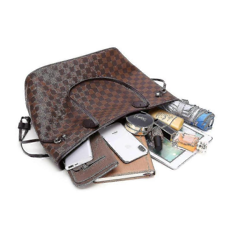 2025 Women Checkered Tote Shoulder Bag Purse Pu Leather Handbag Bag With Inner Pouch-r