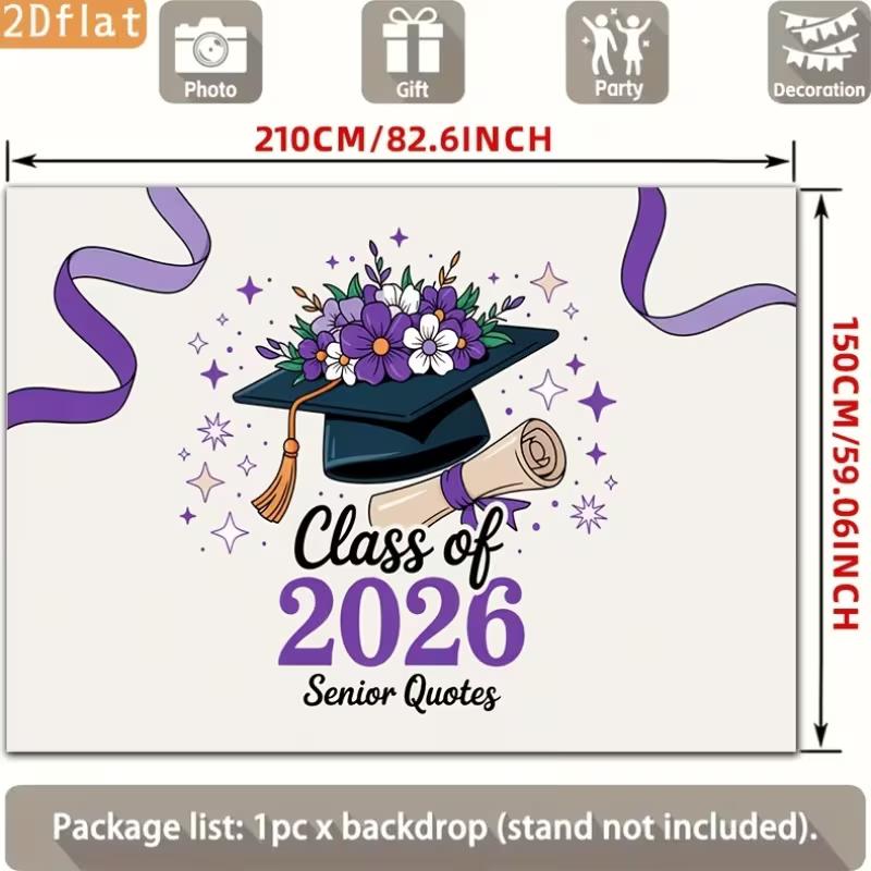 2D Graduation Photography Backdrop Class of 2026 with Purple Floral Cap Background