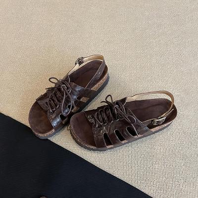 Neue hohle Schnür-Römersandalen für Damen, Retro-Rundkopf, vielseitige dicksohlige Strandsandalen