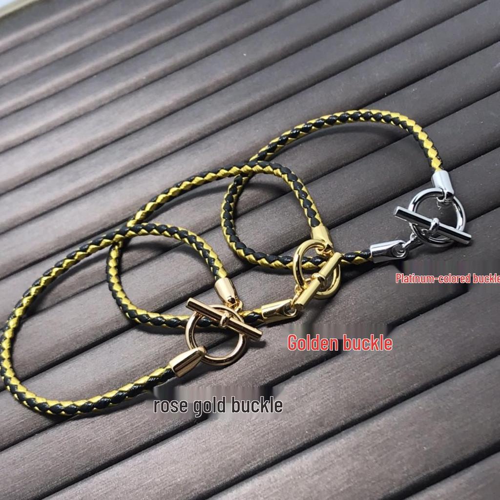 European & American Fashion H-Shaped Leather Cord Bracelet In Enamel V with 18K Rose Gold Plating - Pig Nose Design, Influencer Couple Style