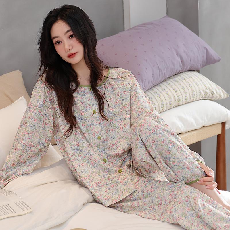 Pajamas women's spring and autumn pure cotton long-sleeved 1011 new middle-aged mother women's cotton large-size loungewear set
