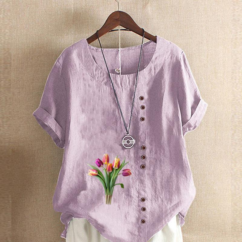Women's Fashion Tulips Prined Short Sleeve T-shirt Loose Cotton Shirt Casual Loose Summer Blouse Tops Plus Size