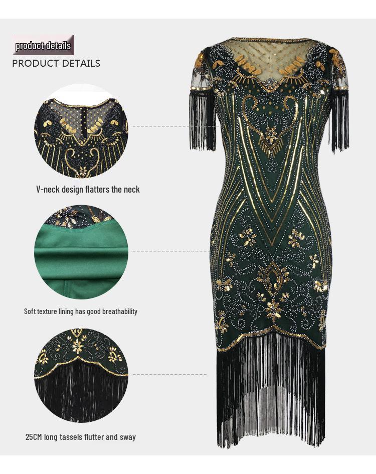 Vintage 1920s Sequin Beaded Ball Gown with Embroidery & Tassels - Plus Size Cocktail Dress