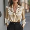 European and American Temperament Elegant Solid Color Wrinkled Long-sleeved V-neck Pullover Shirt Women's Clothing
