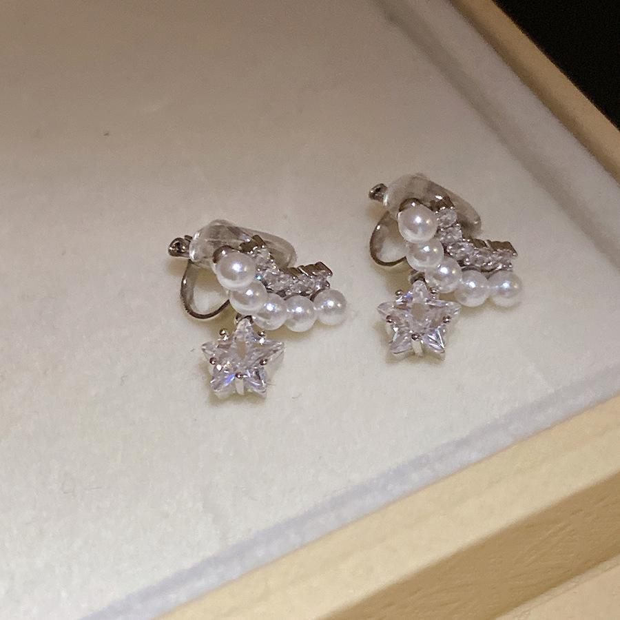 

K real gold electroplated zircon pearl star pendant earclip exquisite fashion earrings light luxury high-end earrings women