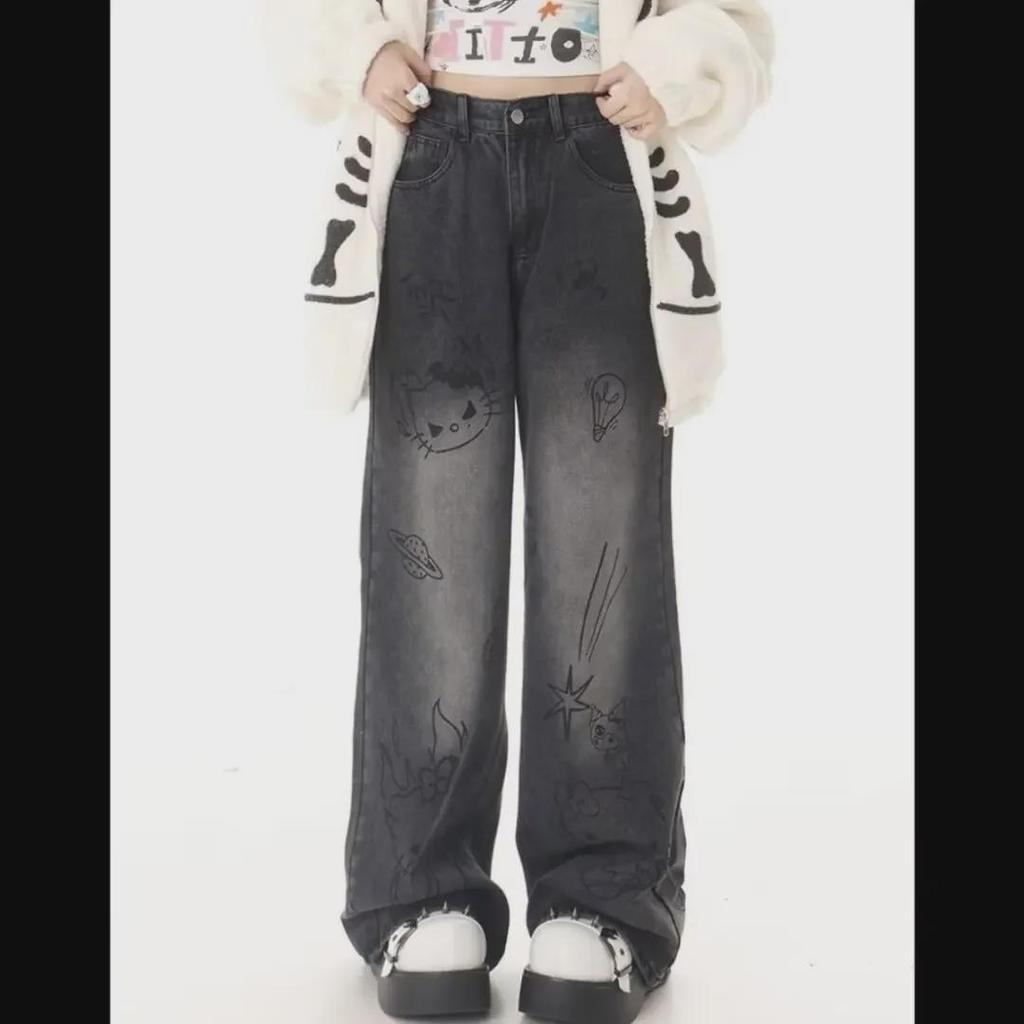 Übergroße Jeans mit weitem Bein und Cartoon-Graffiti-Motiv für Damen – Herbst/Winter, Retro-Streetstyle