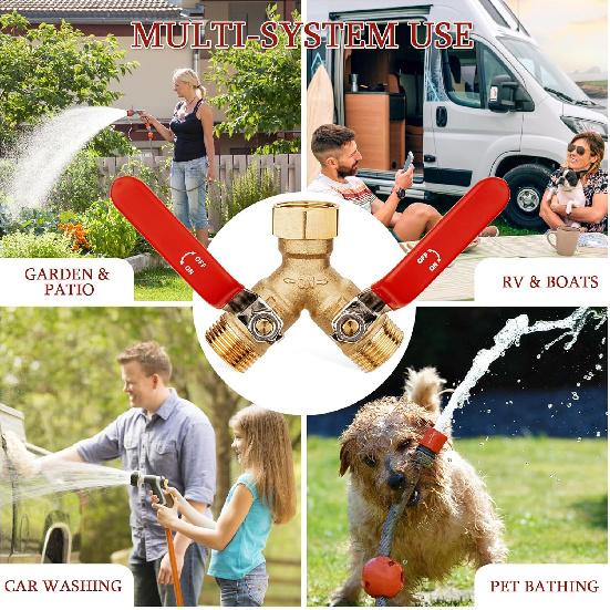 Garden Water Hose Splitter - RV Water Splitter 2 Way Heavy Duty Brass Spigot Hose Splitter - Outdoor Y Hose Bib 2 Valves With 2 Extra Rubber Washers