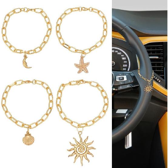 

WEBEEDY 4 Styles Steering Wheel Charm Gold Auto Hanging Pendant with Starfish Shell Sun Moon Charm Boho Adjustable Steering Wheel Hanging Accessories