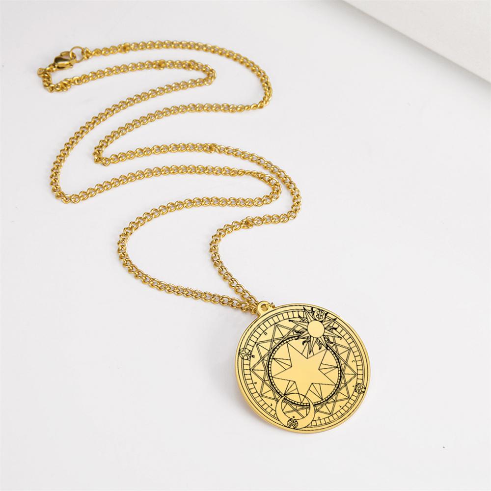 Vintage Magic Array Pentagram Crescent Circle Necklace Sun Moon Star Good Luck Eternal Love Neck Chain Amulet Jewelry
