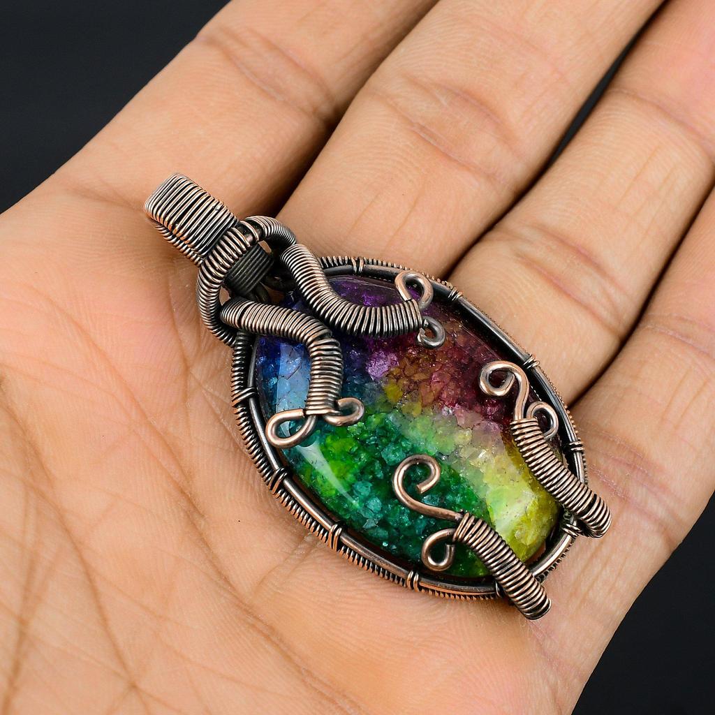 Rainbow Solar Quartz 999 Copper Wire Wrapped Pendant, Handmade Gemstone Pendant Jewelry, Gifts For Wife Brand New Pendant