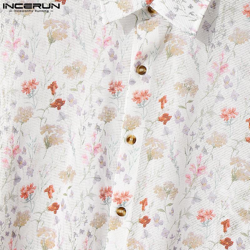 INCERUN Mens Oversized Long Sleeve Button Down Hollow Out Floral Print Casual Loose Shirts