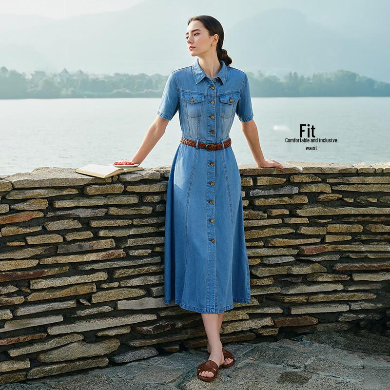 Navigare Women's Short Sleeve Casual Denim Shirt Dress