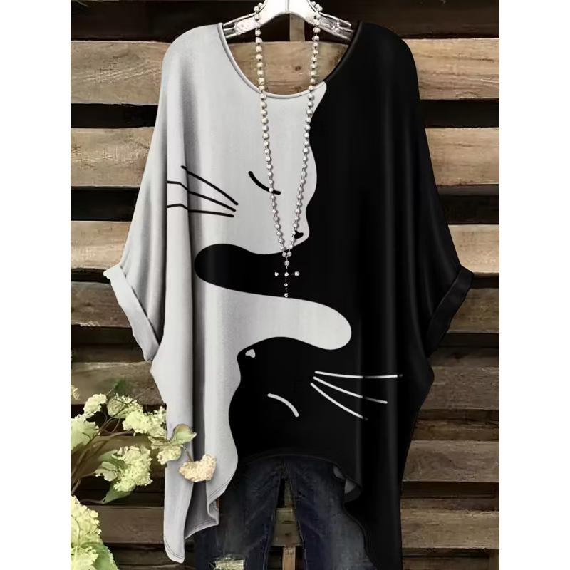 Retro Damen T-Shirt Anime Katze Grafik Mädchen Kleidung Sommer O-Ausschnitt Kurzarm T-Shirts Weiblich Harajuku Streetwear Übergroße Bluse