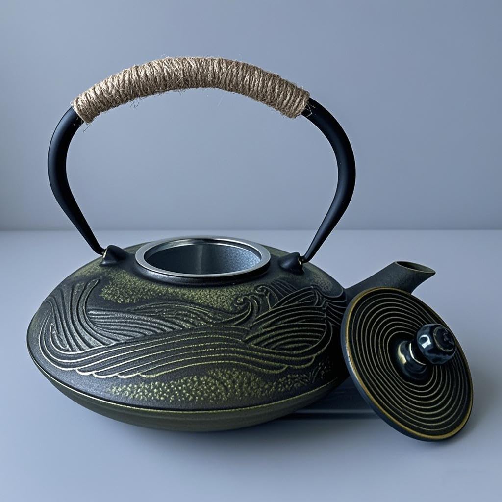 HwaGui Nanbu Ironware Teapot, Stylish IH Compatible, Iron Supplement, Teapot with Tea Whisk, 1000ml (Ocean Waves)