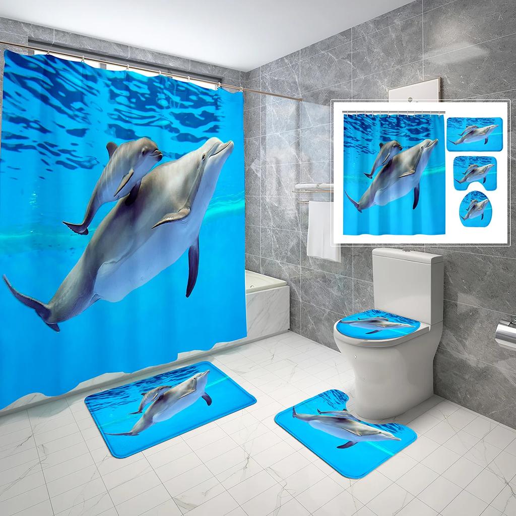 4 Sets Dolphin Shower Curtain Sets With Non-Slip Bath Mat,Toilet Lid Cover And Ocean Animals Blue Sea World Shower Curtain Set