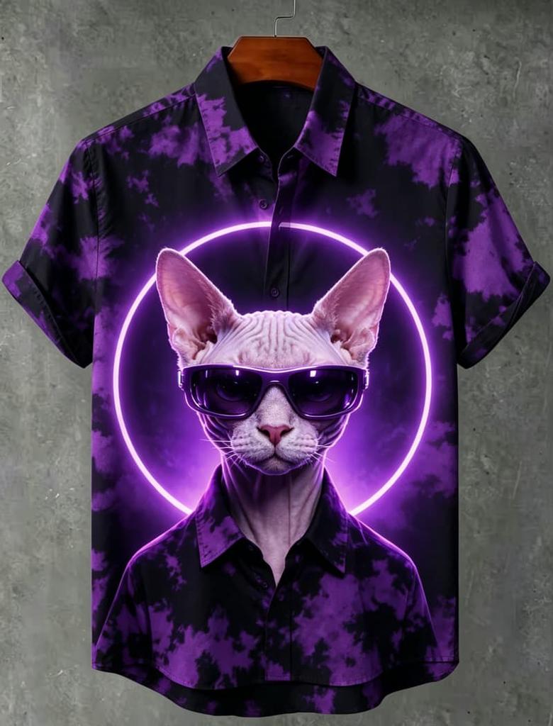 Men's Tie Dye Neon Animal Print Short Sleeve Shirt, Suitable For Street style, Daily Casual And Summer Wear