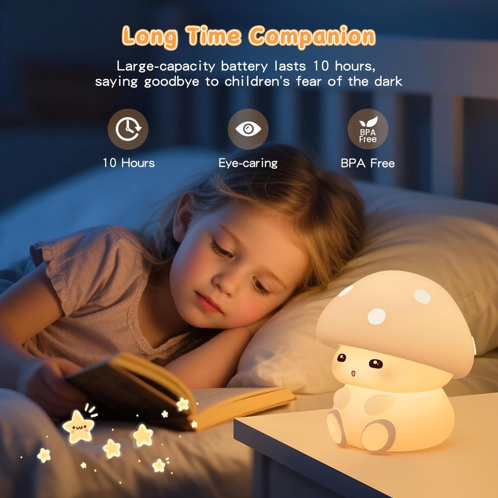 Silicone Night Light - Cute Mushroom Nursing LampNight Light, USB Rechargeable, 1200 mAh High Capacity, 3-Level Dimming, 14 RGB Colors, Timer,