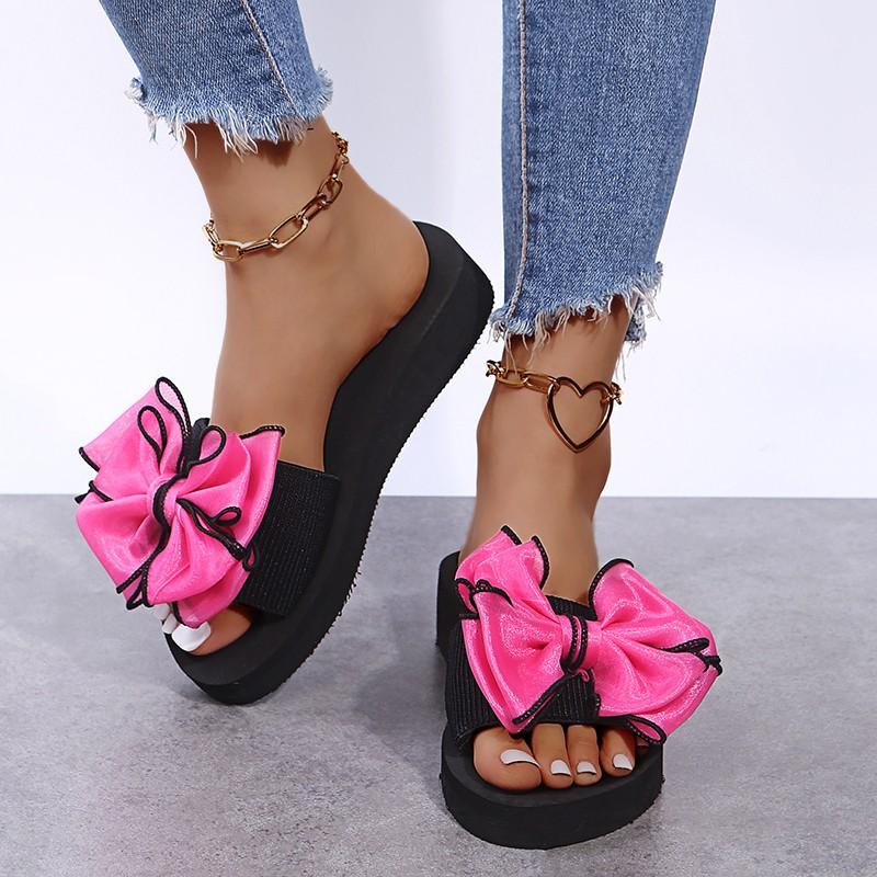 Mode Damen Keilabsatz Sandalen Sommer Neu Runde Zehenpartie Offene Zehen Stoff mit Schmetterlingsknoten Dicke Sohle Rutschfest Abriebfest Hausschuhe