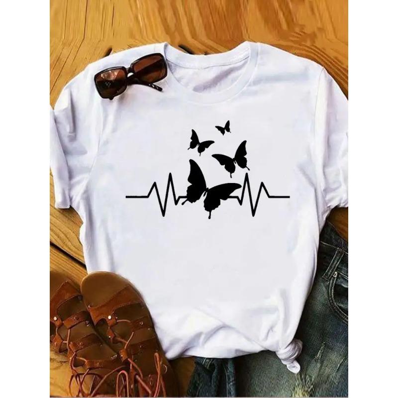 Love Heart Butterfly Trend Summer Clothes Womens Clothing Ladies Print Fashion Tshirts Short Sleeve FeUnisex Graphic Tee Fashion
