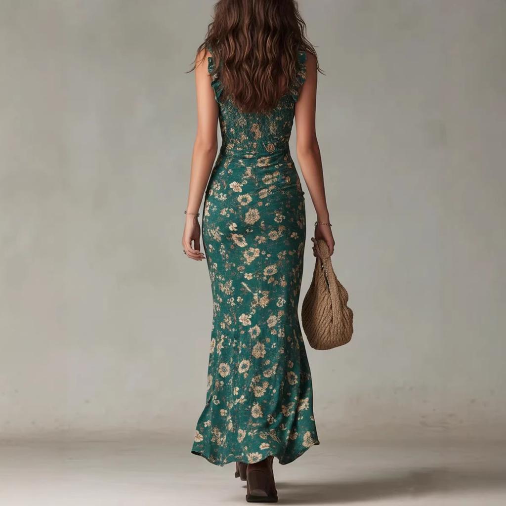 2026 idyllic summer new small floral printing slim-fitting and thin waist large skirt strap dress