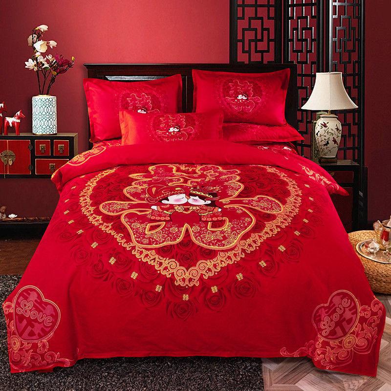 Four Sets of Big Red Bed Skirts Set Double Anti-skid Bed Single Bed Cover Wedding Bed Supplies