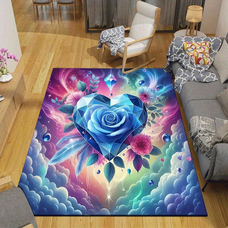 1pc Blue glass rose Design Area Rug - Soft, Anti-Slip, and Durable Gaming Room Decor for Bedroom