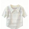 Women's White Wave Lace Peter Pan Collar Hollow Stripe Pearl Button Short Sleeve Knit Top