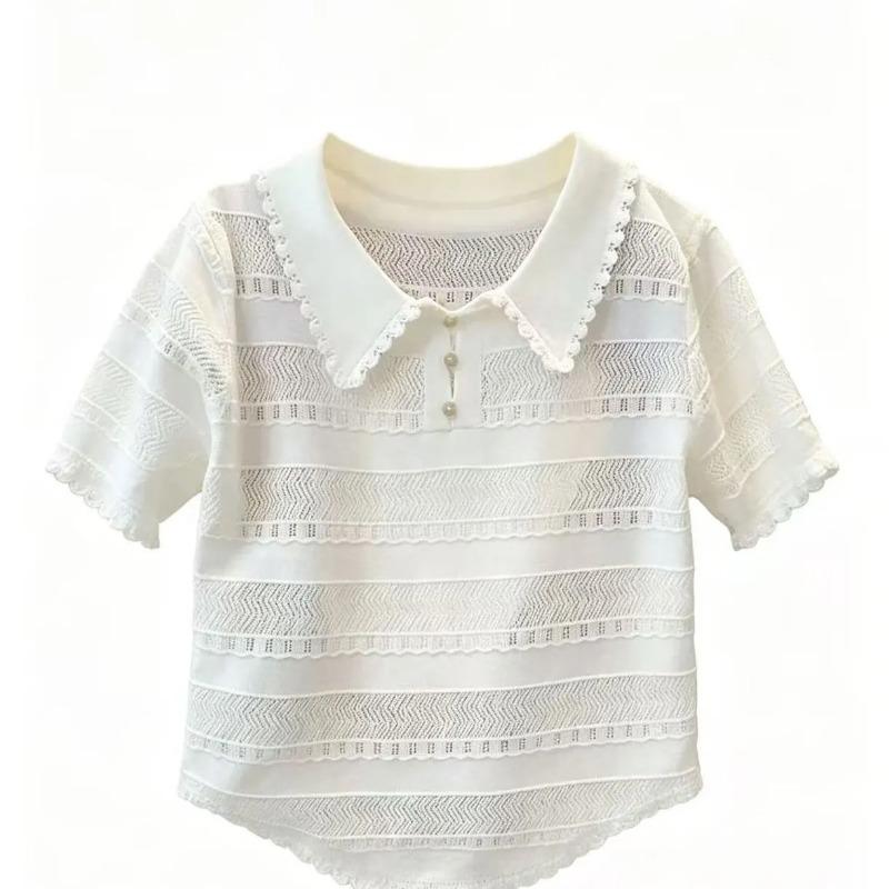 Women s White Wave Lace Peter Pan Collar Hollow Stripe Pearl Button Short Sleeve Knit Top S белый