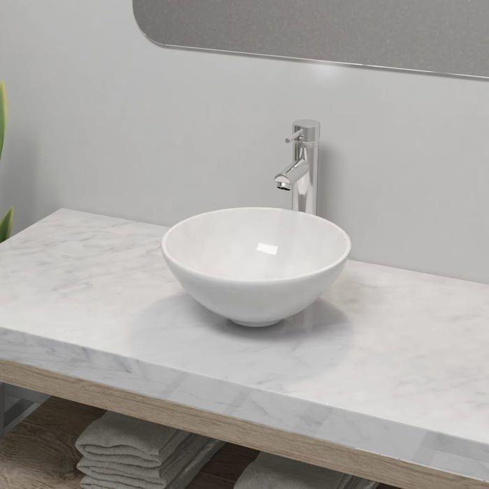 VidaXL Lavabo Salle de Bain avec Mitigeur Céramique Rond Blanc Robinet Vasque 275494
