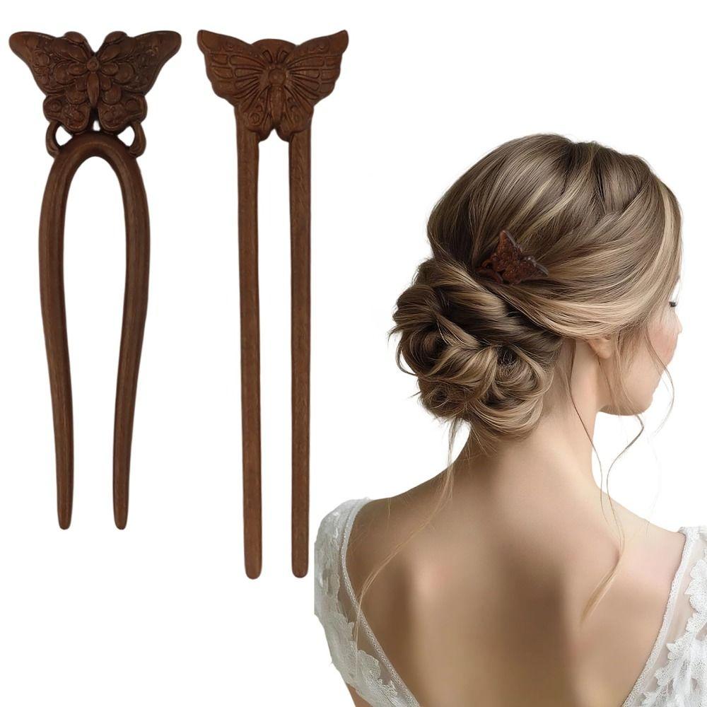 Vintage Style Wooden Hair Stick Cat Butterfly Flower Rabbit Deer Hanfu Hairpin Women