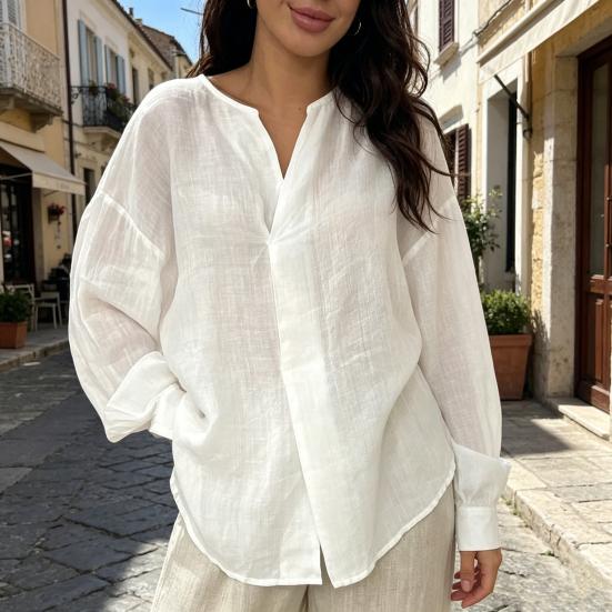 Women Tops V Neck Long Sleeve Pure Color Mid-length Pullover Tops with Asymmetrical Slit Curved Hem Loose Fit Versatile Casual Shirt