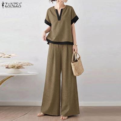 Women Short Sleeve Blouse and Long Pants Summer Two Piece Suit Sets