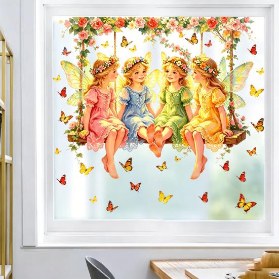 Fairy Window Sticker, Watercolor 4 Fairies Swing Window Cling, Colorful Flowers Butterflies Static Glass Decal for Kids Room Bedroom