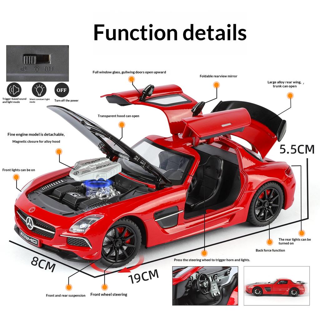 Alloy Die-cast 1/24 Scale SLS-AMG Modified Coupe Model Simulation Sound and Light Transparent Hood Boy Toy