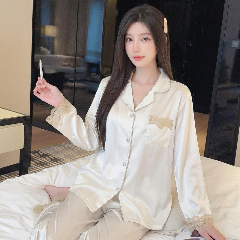High-End Ice Silk Long-Sleeved Women'S Pajamas Spring And Summer Thin Lace Lace Pure Desire Silk Feel Cardigan Loungewear