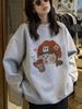 Women Cute Cartoon Print Thick Hoodie Ladies Autumn and Winter Round Neck Long Sleeve Pullover Sweatshirt Top for Student