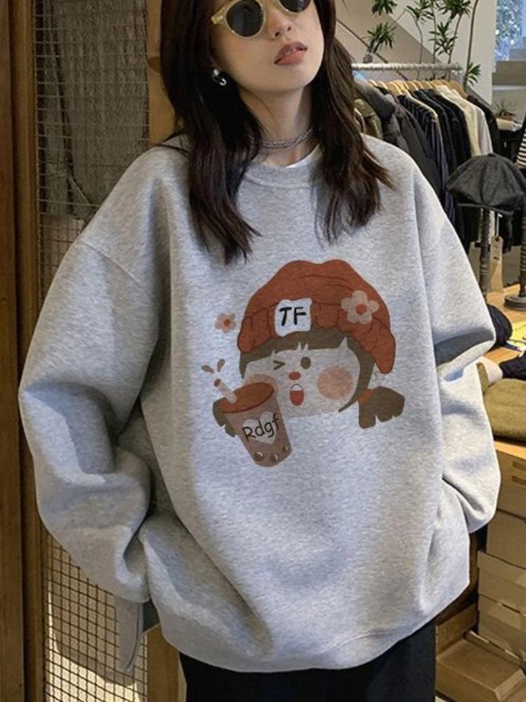Women Cute Cartoon Print Thick Hoodie Ladies Autumn and Winter Round Neck Long Sleeve Pullover Sweatshirt Top for Student