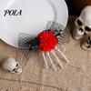 Halloween Hair Jewelry Gothic Skeleton Hand Flowers Clip with Black Mesh, Decorative Pins Skull Bone Claw Hairpin for Girls,Women, Party Costume