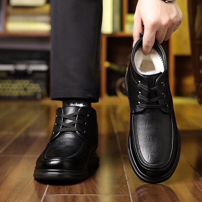 2025 Men's High-Top Leather Business Formal Casual Warm Cotton Shoes for Autumn/Winter