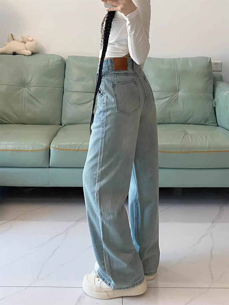 Spring 2026 Light Blue Slim-Fit High-Waisted Loose Wide-Leg Jeans - American Lazy Style