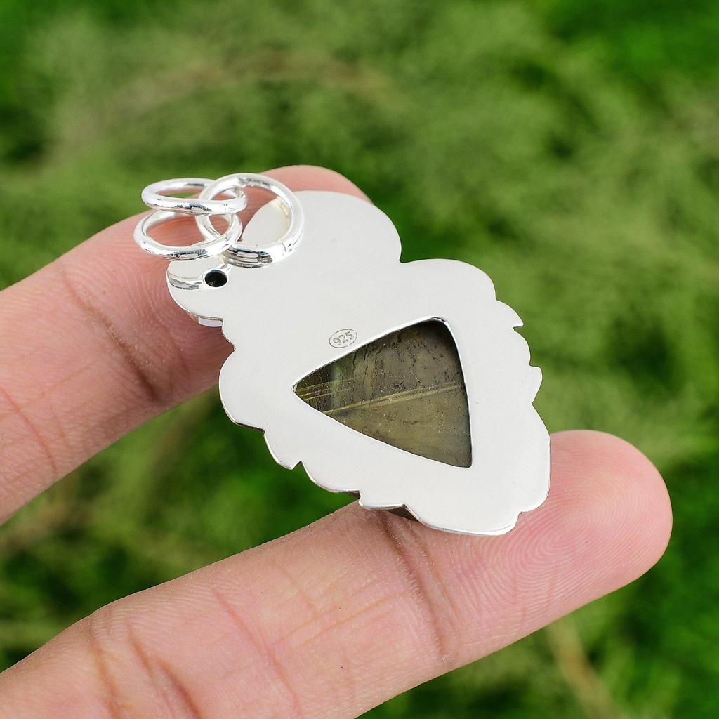 Trillion Natural Labradorite Rough Tanzanite Quartz Pendant 925 Sterling Silver